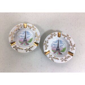 Limoges France Paris Ashtray Set Eiffel Tower White Gold Floral Lot of 2